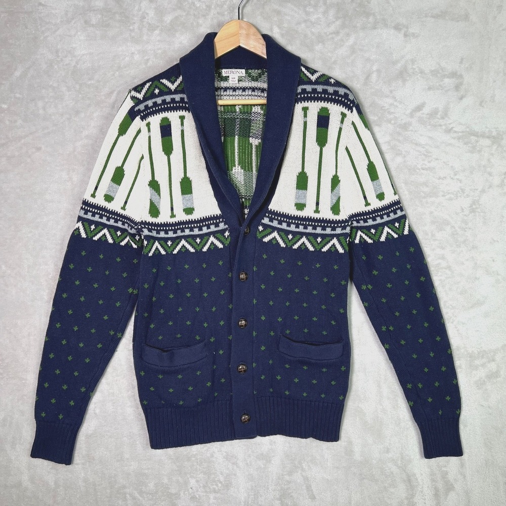 Merona Shawl Collar Cardigan Sweater S Blue Green Paddle Oar Coastal Grandpacore